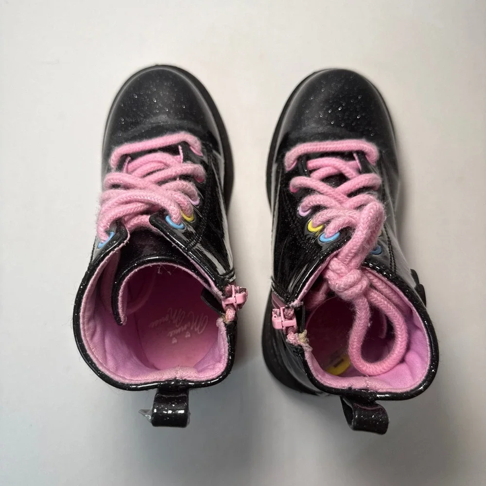Disney Minnie Mouse Girls Black Glitter Combat Boots Side Zip Size 9